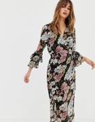 Selected Femme Wrap Midi Dress With Ruffle Sleeves-multi