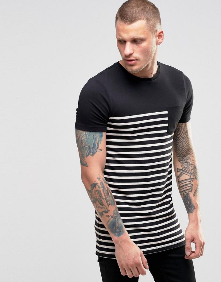 Asos Longline Muscle Fit T-shirt With Stripe And Contrast Pocket In Black - Black