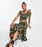 New Look Petite Cropped Top With Tie Shoulders In Black Lemon Print - Part Of A Set