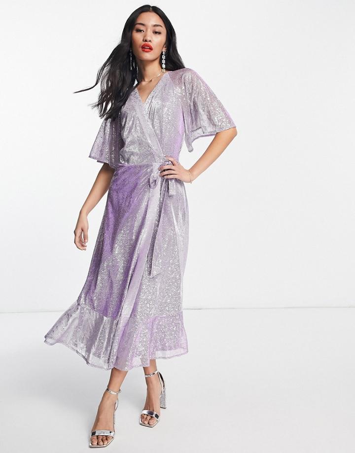 Style Cheat Metallic Flutter Sleeve Skater Midi Dress In Lilac-purple