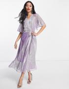 Style Cheat Metallic Flutter Sleeve Skater Midi Dress In Lilac-purple