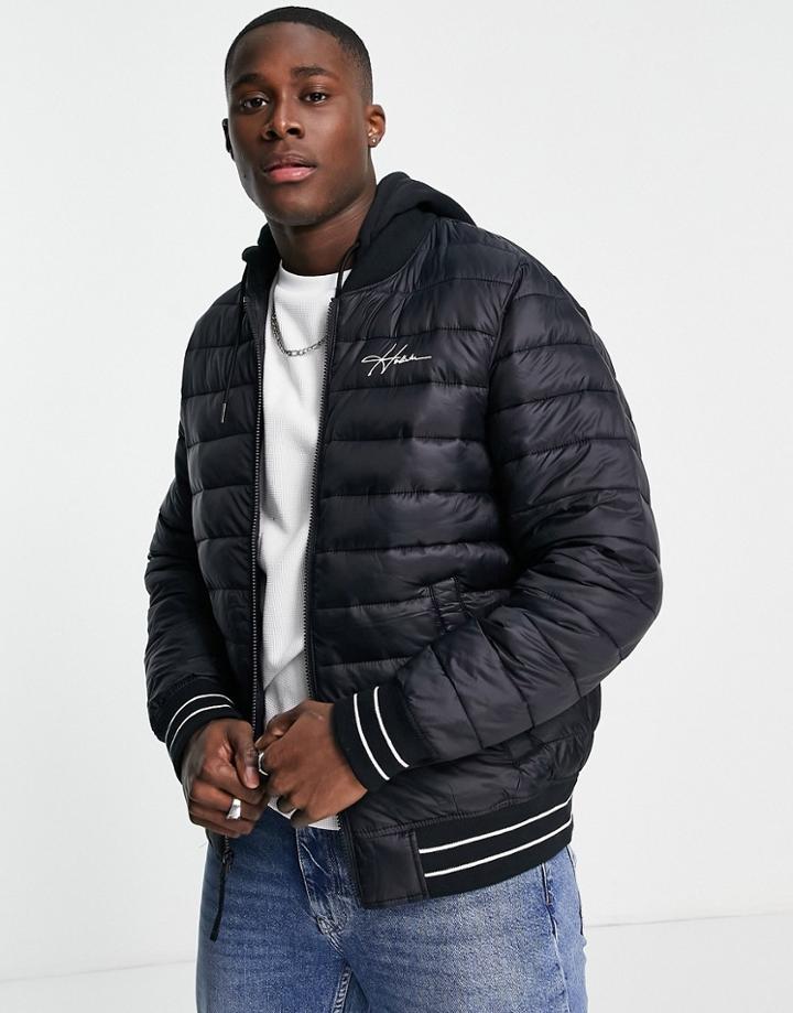 Hollister Icon Logo Hooded Puffer Bomber Jacket In Black