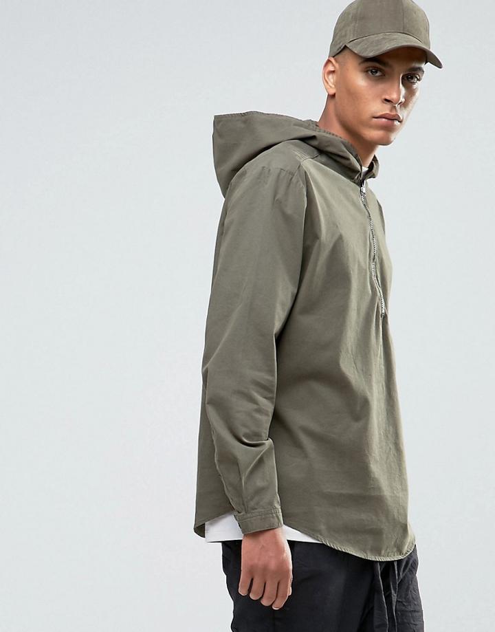 Asos Skater Fit Hooded Zip Through Shirt In Khaki With Long Sleeves - Blue