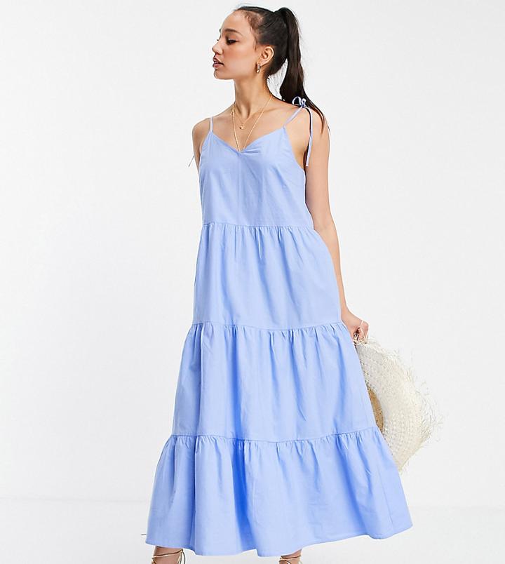 Pieces Tall Tiered Cami Midi Dress In Blue-blues