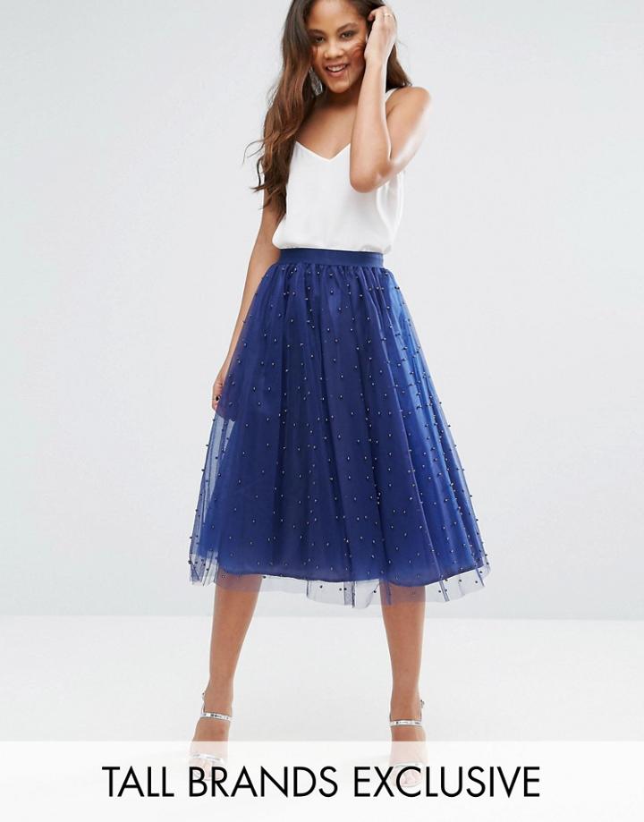 Little Mistress Tall Allover Pearl Embellished Full Midi Prom Skirt - Navy
