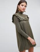 Ax Paris Long Sleeve Sweater Dress With Frill Detail - Green