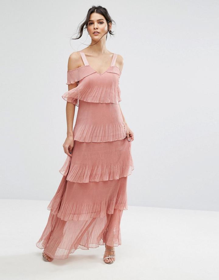True Decadence Pleated Maxi Dress In Tiers And Cold Shoulder - Pink