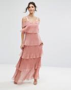 True Decadence Pleated Maxi Dress In Tiers And Cold Shoulder - Pink