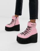 Demonia Kera Double Buckle Chunky Flatform Boots In Pink