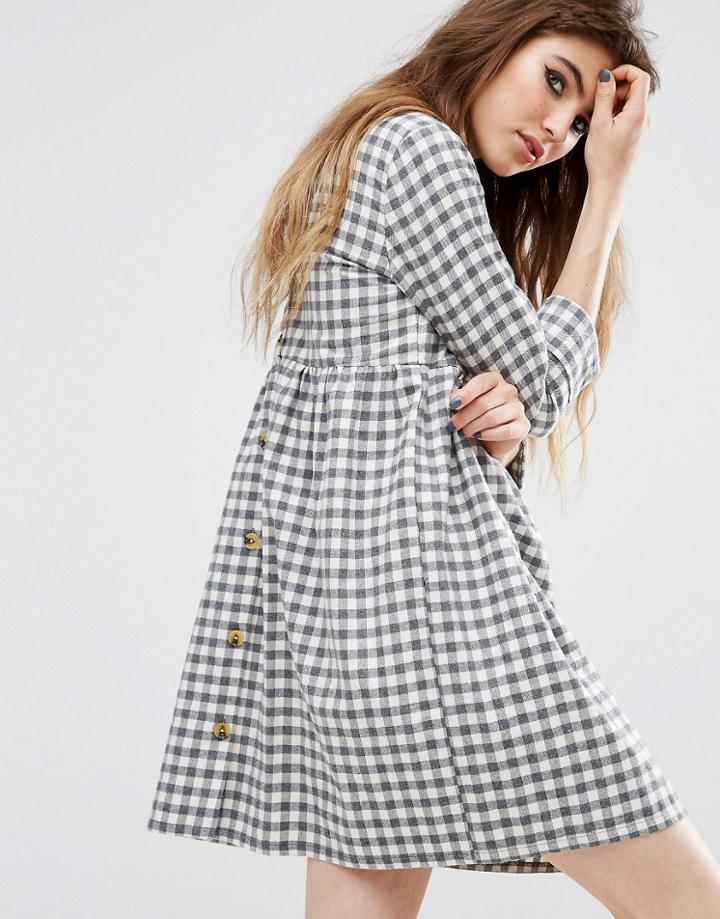 Reclaimed Vintage Button Back Smock Dress In Brushed Check - Gray