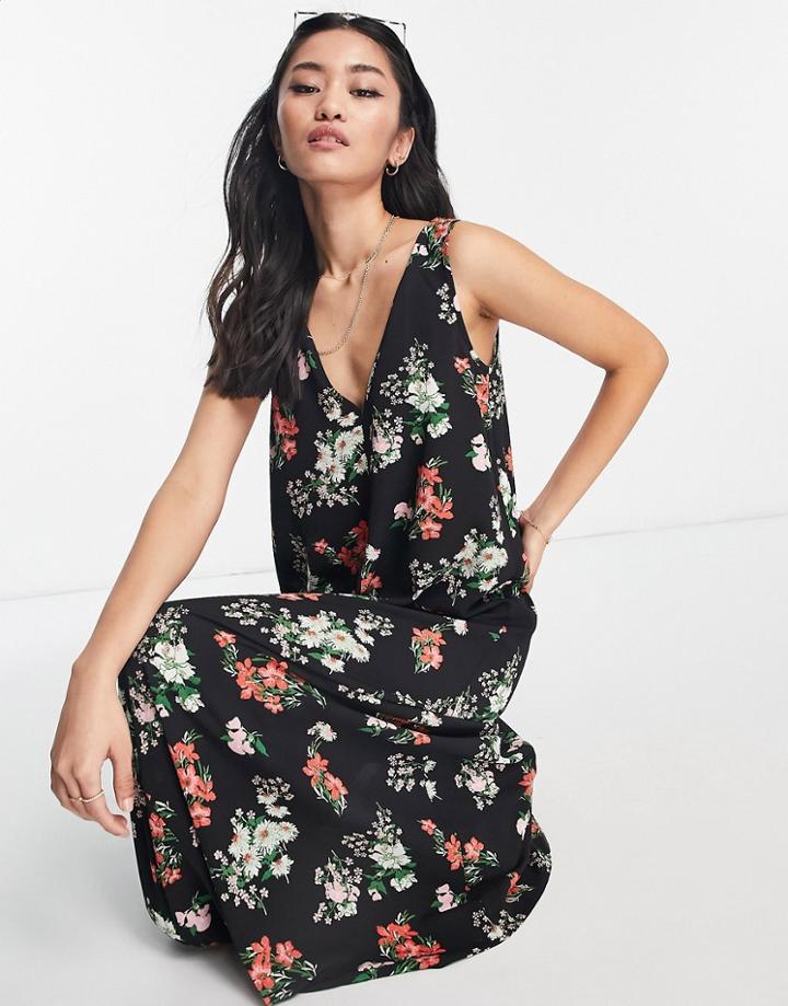 Asos Design Plunge Neck Maxi Dress In Black Base Red Floral Print-multi