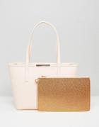 Ted Baker Small Leather Crosshatch Tote Bag With Rose Gold Pouch - Yel