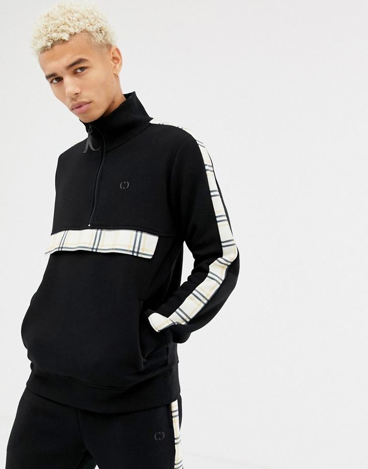 Criminal Damage Track Jacket In Black With Half Zip And Check Side Stripe - Black