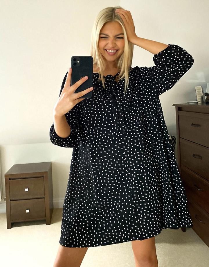 Asos Design Textured Mini Swing Dress With Tie Neck Detail In Black And White Spot Print