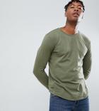 Religion Tall Muscle Fit Long Sleeve T-shirt In Khaki With Drop Hem - Green