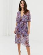 Asos Design Soft Pleated Tiered Midi Dress In Lilac Floral - Multi