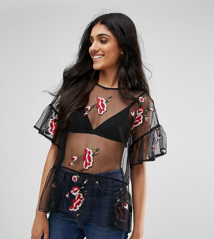 Asos Tall All Over Embroidered Ruffle Hem Top - Multi