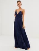 Asos Design Cami Maxi Dress With Pleat Skirt And Knot Bodice - Navy