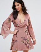 Oh My Love Batwing Wrap Front Printed Tea Dress - Pink