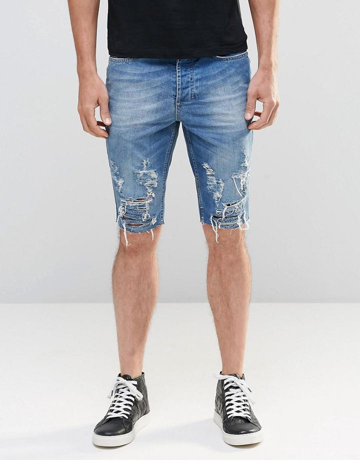 Religion Slashed Denim Cut Off Shorts - Washed Blue