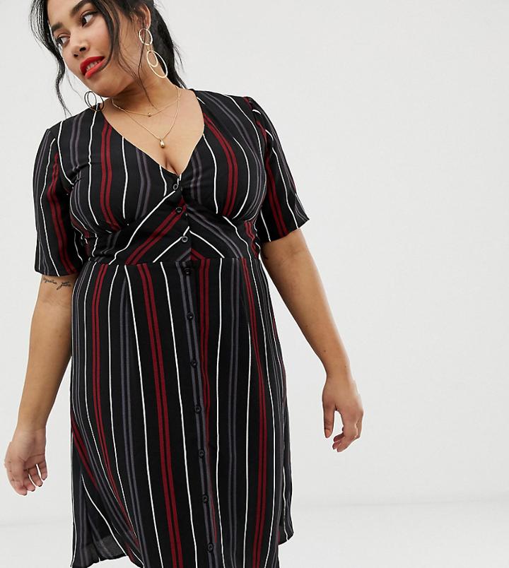 Brave Soul Plus Mara Midi Dress In Stripe - Black