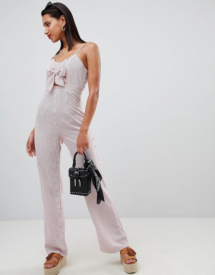 Prettylittlething Striped Bow Front Jumpsuit - Red