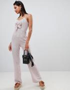 Prettylittlething Striped Bow Front Jumpsuit - Red