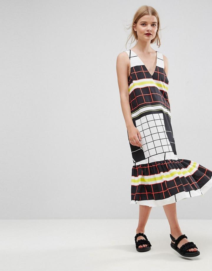 Asos Stripe And Check Print Midi Dress With Pep Hem - Multi