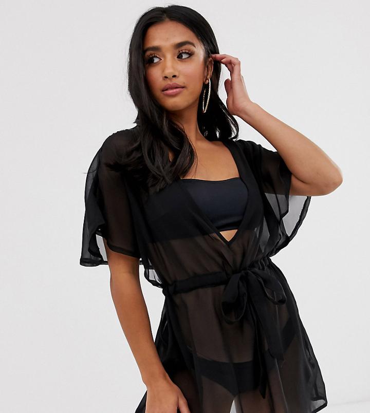 Asos Design Petite Recycled Tie Waist Cape Back Chiffon Beach Cover Up In Black