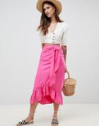 Asos Design Cotton Midi Skirt With Tie Belt And Ruffle Hem-pink