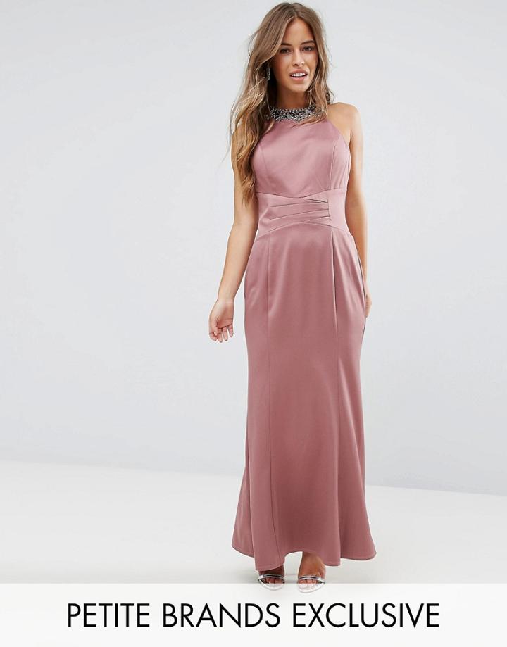 Little Mistress Petite Embellished High Neck Fishtail Maxi Dress - Pink