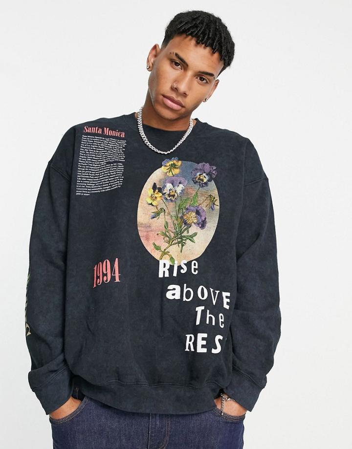 Topman Rise Above The Rest Print Oversized Sweatshirt In Washed Black