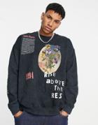 Topman Rise Above The Rest Print Oversized Sweatshirt In Washed Black