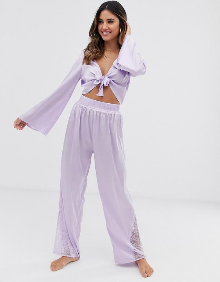 Asos Design Satin Lace Pyjama Tie Front Top & Pants - Purple