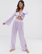 Asos Design Satin Lace Pyjama Tie Front Top & Pants - Purple