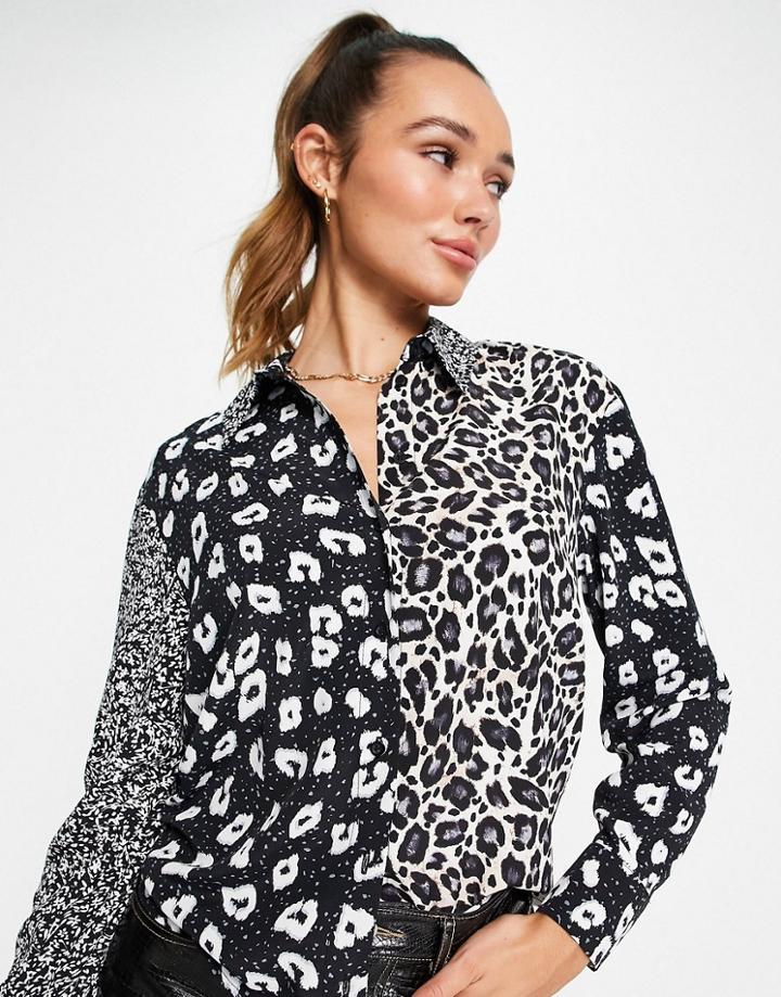 Topshop Animal Patchwork Print Shirt In Monochrome-black