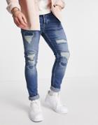 Topman Rip And Repair Stretch Skinny Jeans In Mid Wash-blues