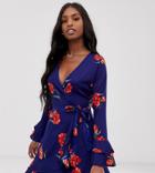 Influence Tall Wrap Frill Skirt Floral Dress In Navy