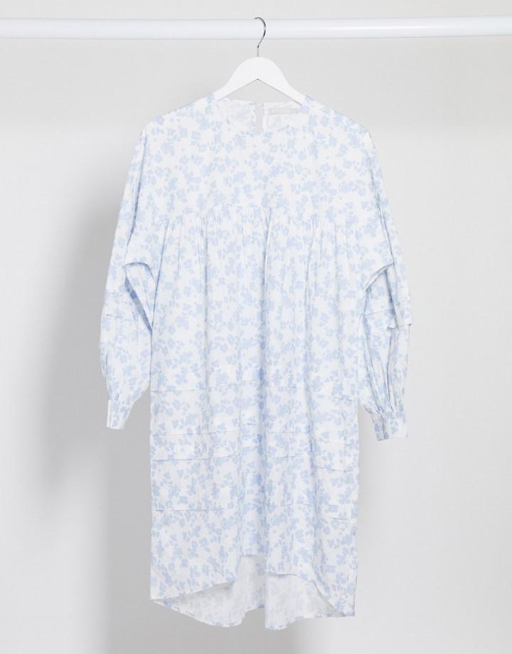Pieces Smock Dress In White And Blue Floral-multi