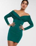 Asos Design Scuba Bardot Ruched Side Long Sleeve Mini Dress-green