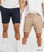 Asos Design 2 Pack Skinny Chino Shorts In Stone & Navy-multi