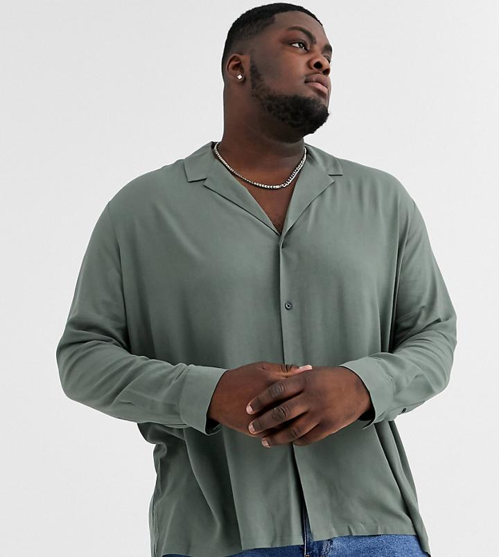 Asos Design Plus Relaxed Fit Viscose Shirt With Low Revere In Khaki