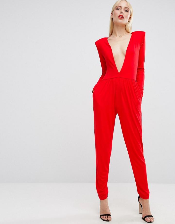 Asos Jersey Jumpsuit With Extreme Plunge - Red