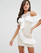 Dark Pink Lace Mini Dress With Asymmetric Ruffle - White