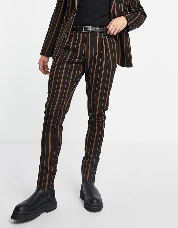 Asos Design Skinny Suit Pants In Tobbaco Stripe-brown