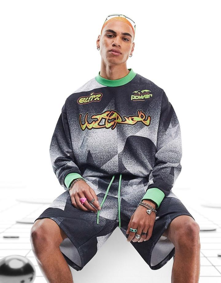 Asos Design Oversized Sweatshirt In Black All Over Print With Motocross Graphics - Part Of A Set