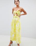 Asos Design Bandeau Jacquard Jumpsuit With Knot Detail - Yellow