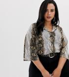 Influence Plus Snake Print Blouse With 3/4 Flare Sleeve - Brown