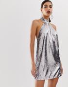 Asos Design Halter Neck Mini Dress In Sheet Sequin-silver