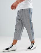 Asos Design Drop Crotch Tapered Smart Pants In Gray Prince Of Wales Check And Velvet Side Stripe - Gray